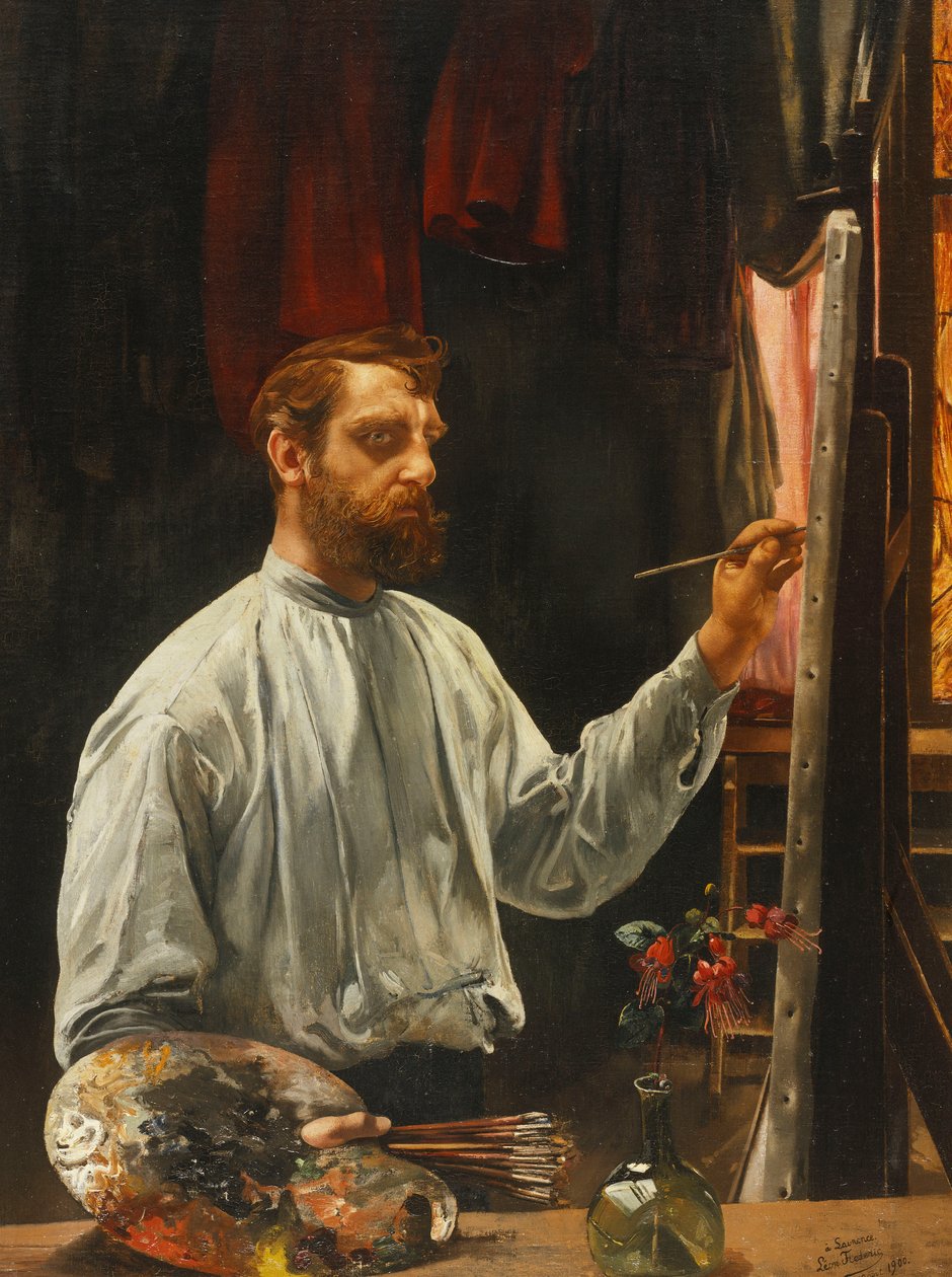 Leon Frederic portréja, Félhosszúan állva a festőállványánál, 1900 alkotó: Leon Henri Marie Frederic