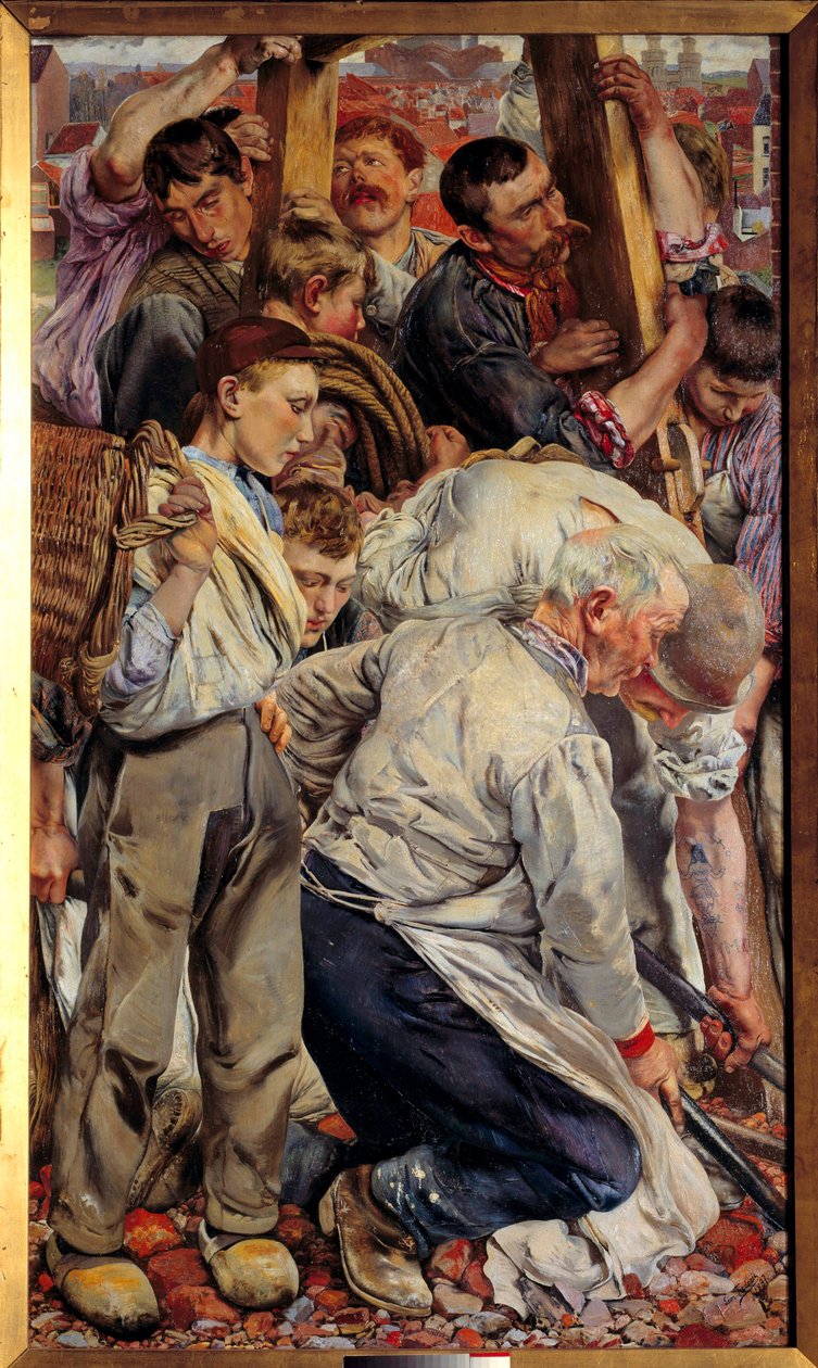 Szociálrealizmus: „A munkáskorok” Leon Henri Frederic (1856-1940) triptichonjának bal oldali része (ec.belg) 1897 V. 1,63x0,94 m Párizs, Muse d