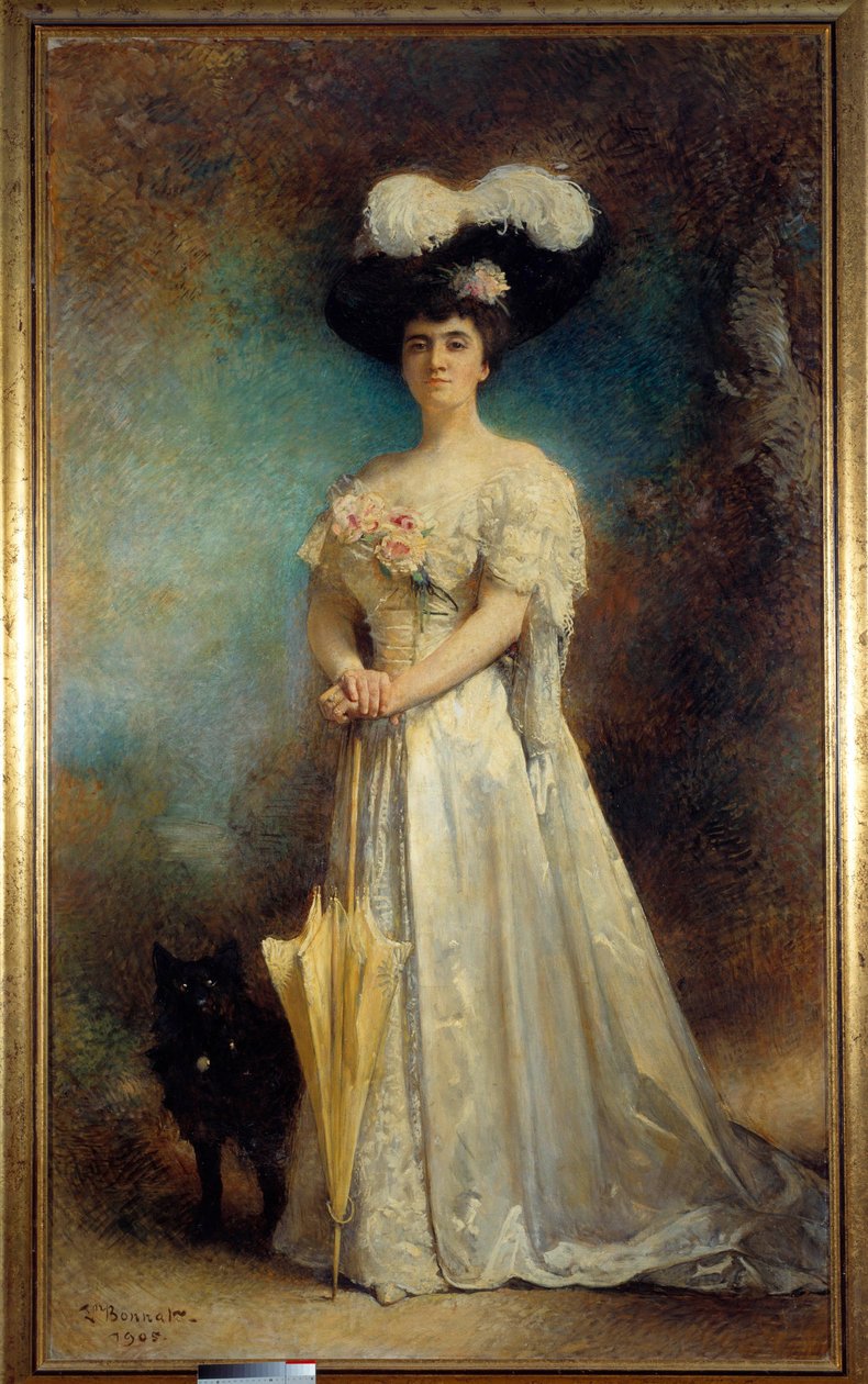 Madame Maurice Pascal és kutyájának egészalakos portréja. Apró festmény, Leon Joseph Bonnat (1833-1922) 1905 V. 2,17x0,9 m Pau, képzőművészeti múzeum - Madame Maurice Pascal és kutyájának, Tinynek teljes alakos portréja. Leon Joseph Bonnat festménye (1833- alkotó: Leon Joseph Florentin Bonnat