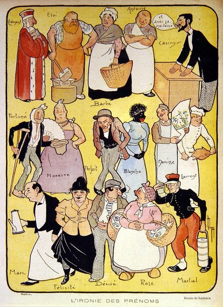 „A nevek iróniája”, huszadik század eleji illusztráció a „Le Rire” magazin számára (színes litho) alkotó: Leon Lebegue