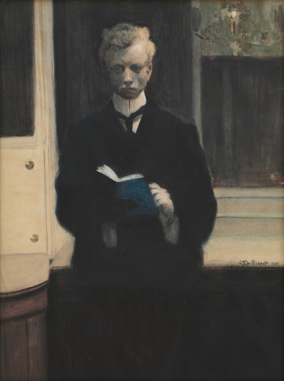 Önarckép kék vázlatfüzettel alkotó: Leon Spilliaert
