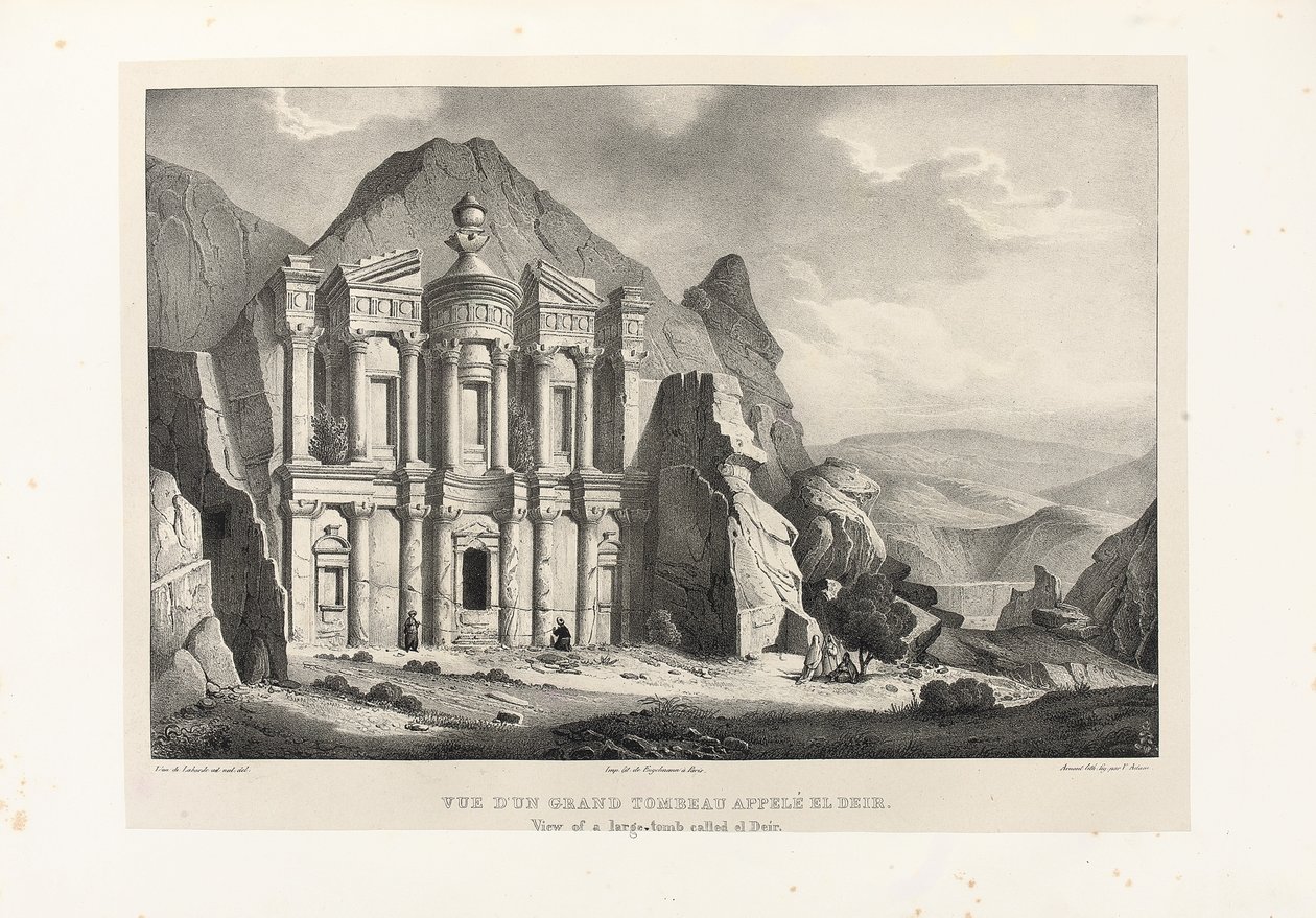 Kilátás az El Deir nevű nagy sírra, Petra, 1830 alkotó: Leon de Laborde