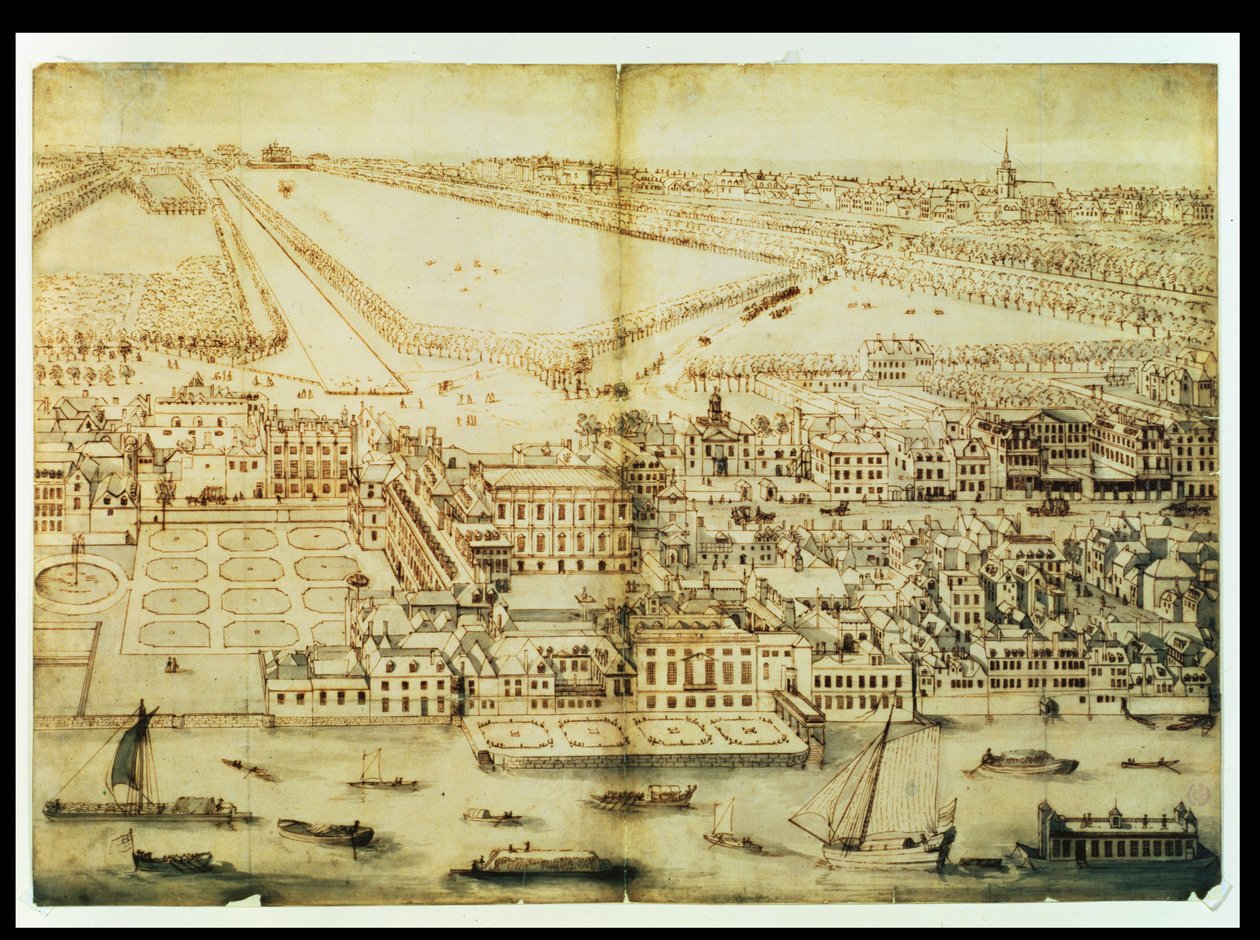 A Whitehall-palota madártávlatából, 1695 körül (tinta és mosás papíron) alkotó: Leonard Knyff