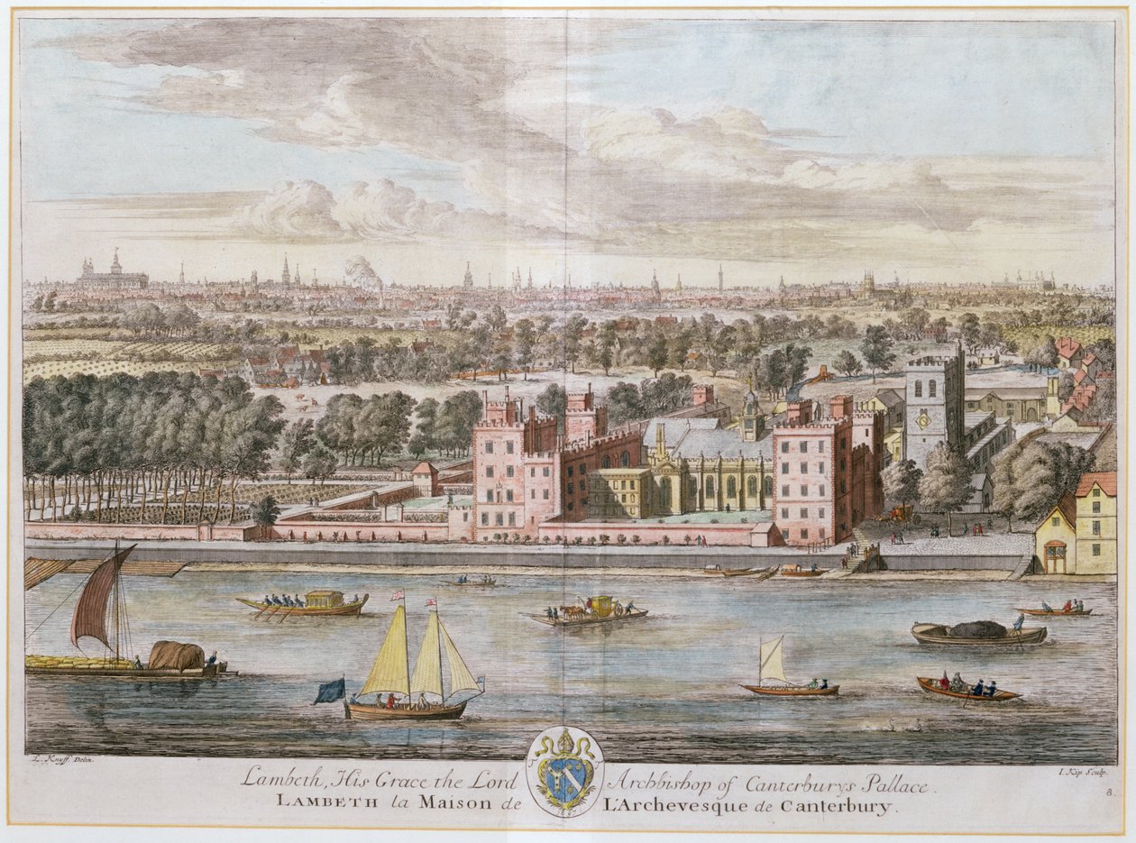 Lambeth-palota, a canterburyi érsek székhelye, amelyet Johannes Kip (kb. 1652-1722) vésett alkotó: Leonard Knyff