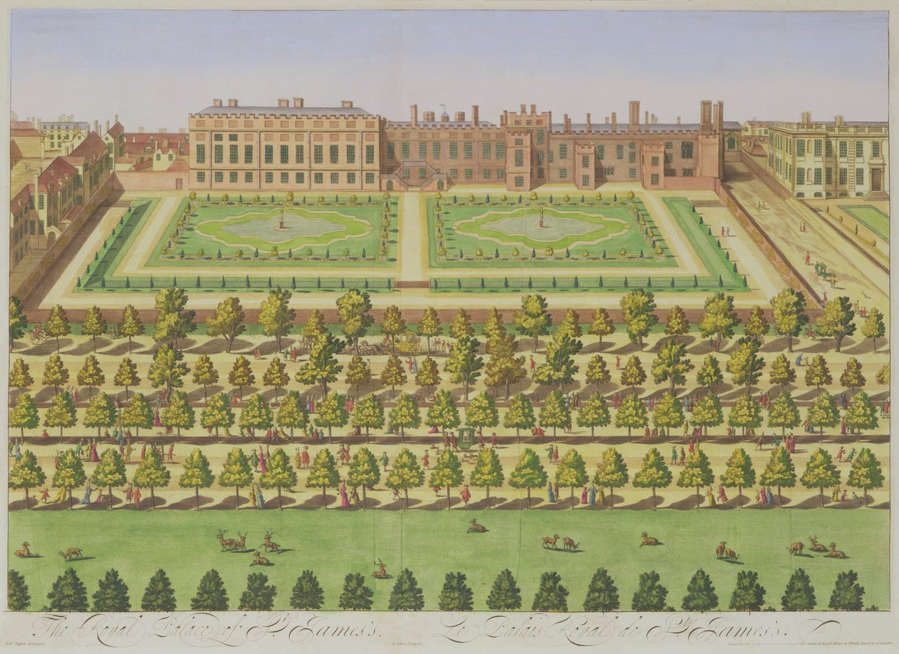 A Szent Jakab királyi palota”, a „Londoni felmérésből”, Johannes Kip (kb. 1652-1722) metszete, 1730 (színes metszet) alkotó: Leonard Knyff