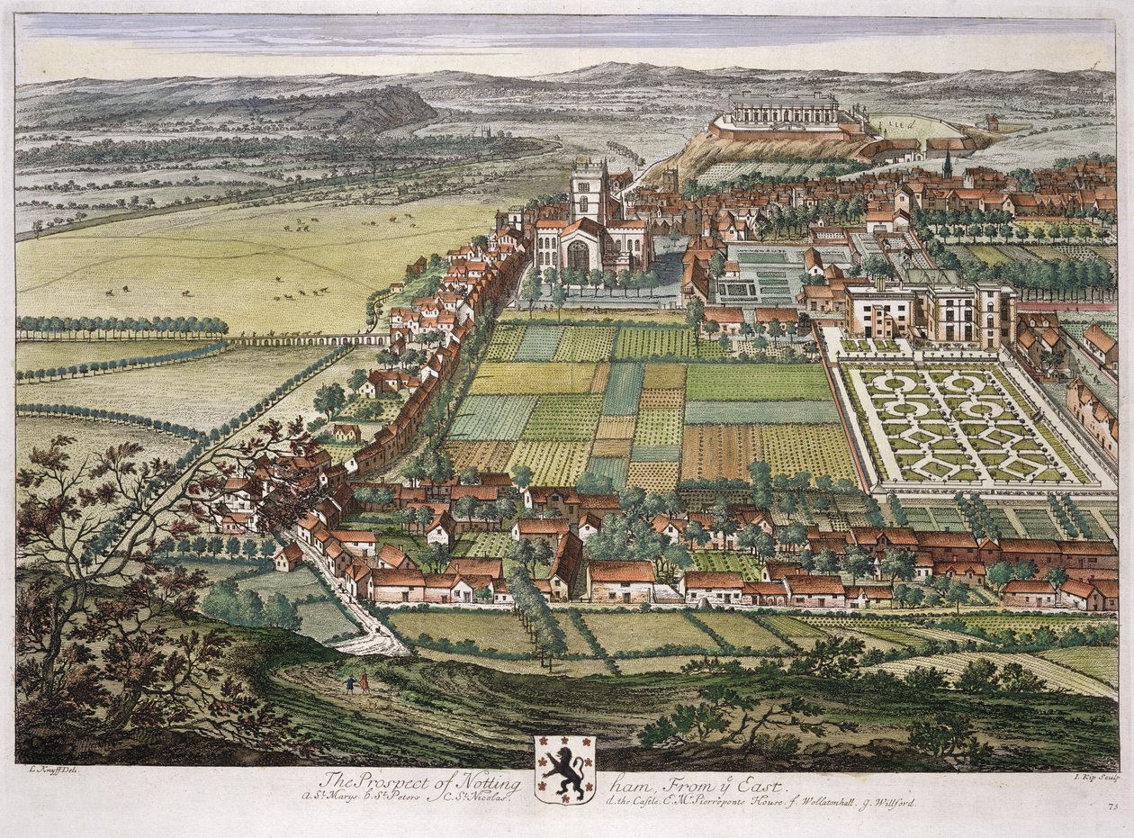 Nottingham kilátása keletről Johannes Kip (1652-1722 körül) metszetében alkotó: Leonard Knyff