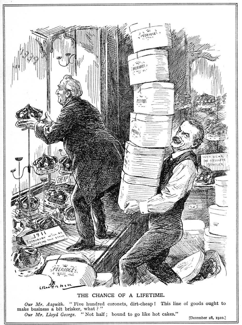 Asquith és Lloyd George 500 további társ létrehozására készül, hogy leküzdjék a Lordok Házának reformokkal szembeni ellenállását, 1910 alkotó: Leonard Raven Hill