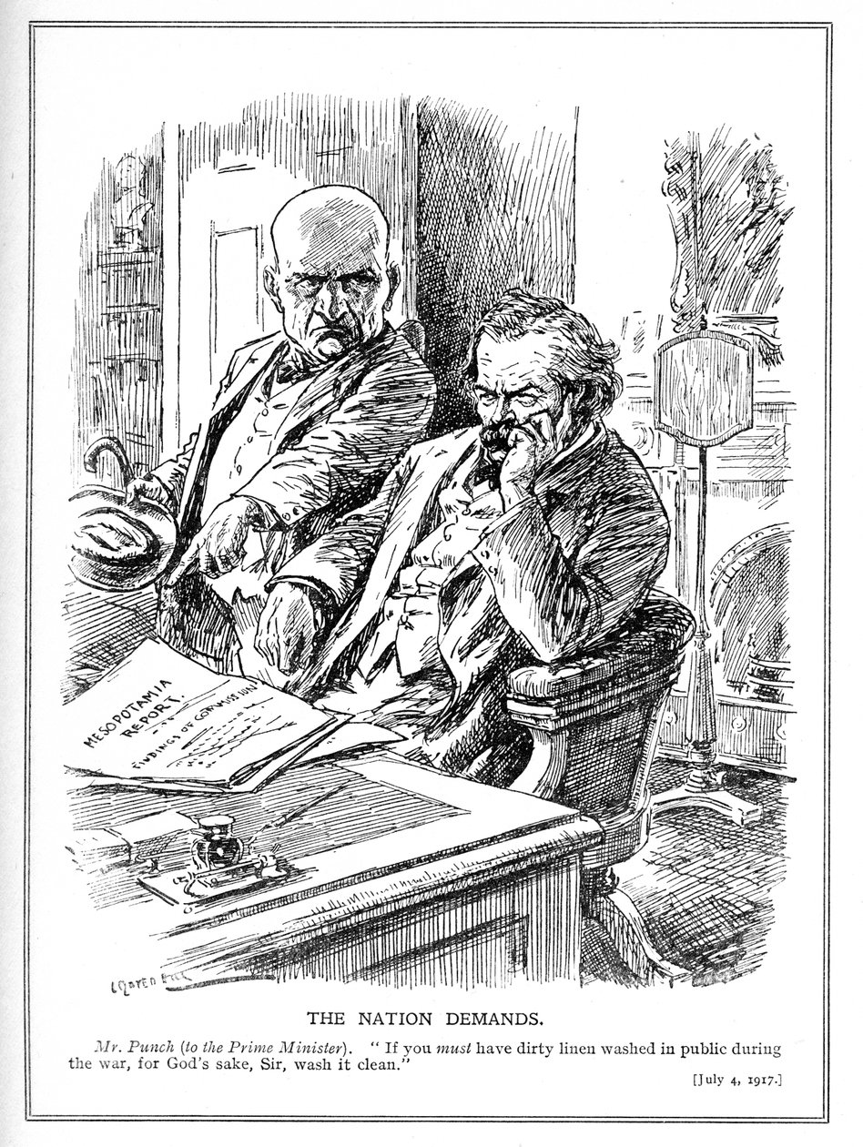 LLoyd George-ot Mr. Punch megdorgálja az Irak (Mezopotámia) 1914-es brit inváziójáról szóló jelentés miatt, karikatúra a Punch magazinból, 1917 júliusából. alkotó: Leonard Raven Hill