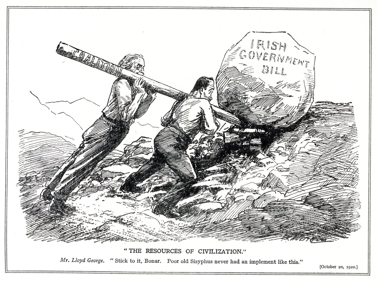Lloyd George és Bonar Law a koalíciós kormány karja segítségével próbálják megoldani az ír kérdést, 1920. október alkotó: Leonard Raven Hill