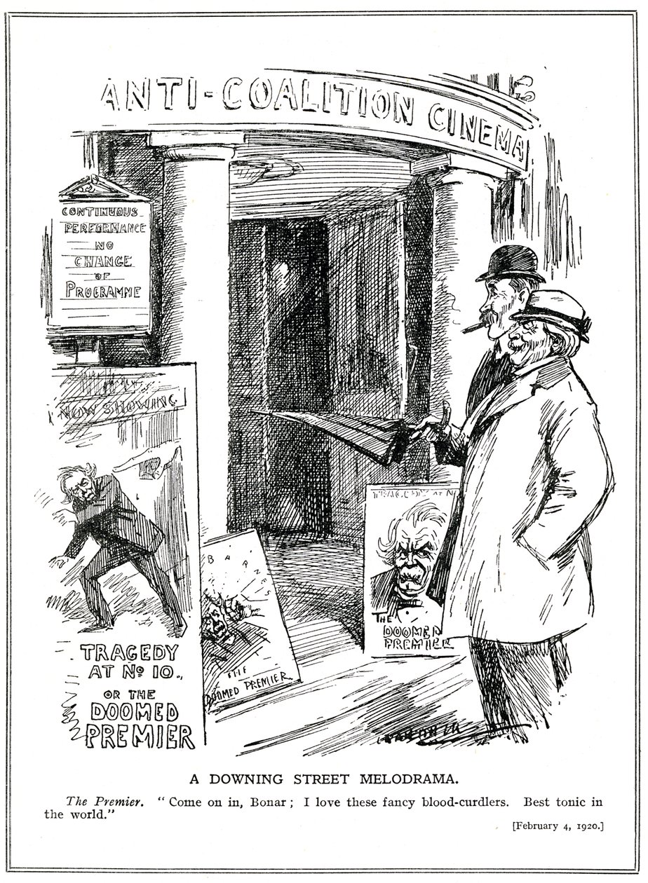 A liberális miniszterelnök, Lloyd George meghívja konzervatív kancellárját, Bonar Law-t, hogy látogassa meg a „Koalícióellenes” mozit, és nézze meg a Tragédia 10. szám alatti The Doomed Premier című rajzfilmjét a „Punch” magazinból. alkotó: Leonard Raven Hill