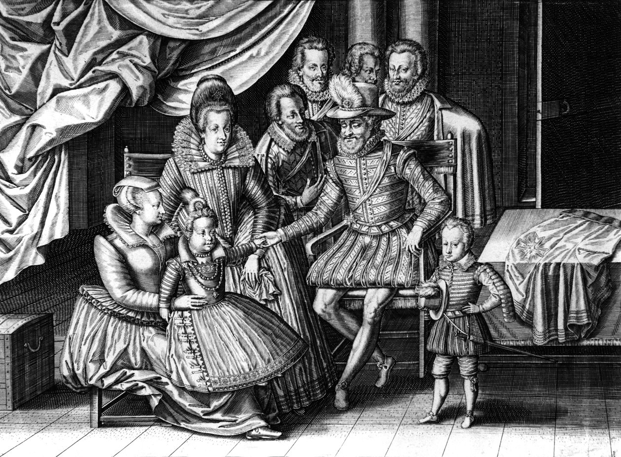IV. Henrik francia király feleségével, Marie de Medicissel és 2 gyermekükkel: a leendő XIII. Lajossal és Erzsébettel, Leonard Gaultier és Le Clerc metszete, c. 1605 alkotó: Leonard Gaultier