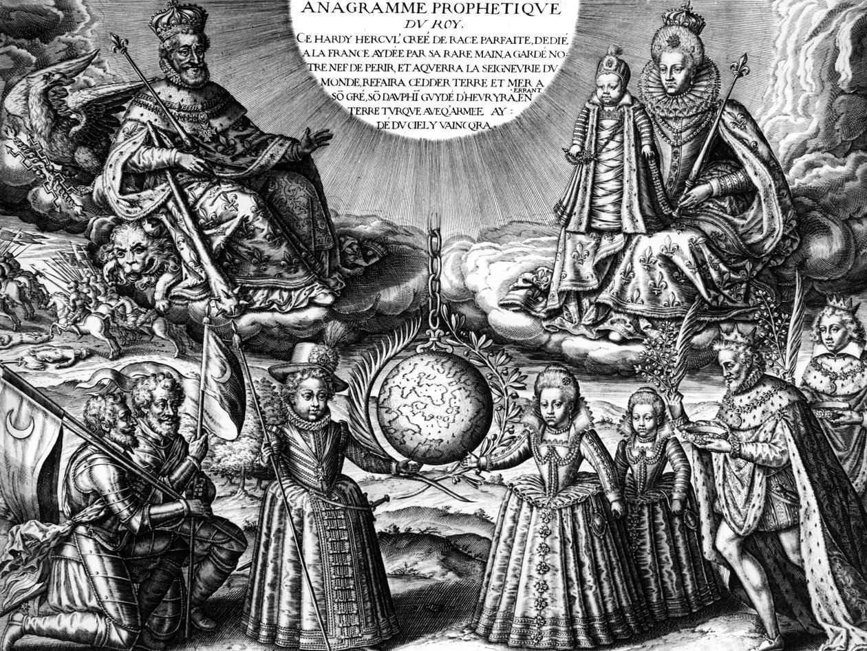 Francia királyi család 1607-ben (propaganda): IV. Henrik francia király és felesége, Marie de Medicis királynő lányukat, Christine-t tartja kezében; alul: a többi gyermekük: a leendő XIII. Lajos, Erzsébet és Henriette-Marie. R-en: a királyt követi a beteg alkotó: Leonard Gaultier