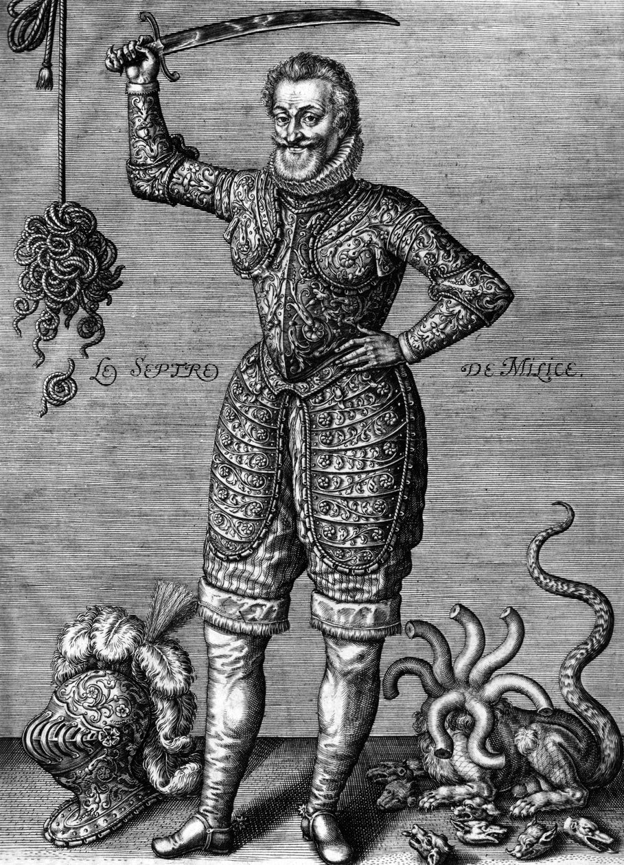 IV. Henrik (1553-1610) francia király 1589-1610-ben, itt páncélt visel, kardot tart a kezében, mint a jogsértések jogosítója, Leonard Gaultier metszet alkotó: Leonard Gaultier
