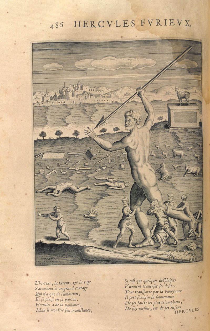 Hercules feldühödött, a „Les Images ou Tableaux de Platte Peinture des Deux Philostrates Sophistes Grecs” című művéből, Blaise de Vigenere (1523-96) Párizs, 1615 alkotó: Leonard Gaultier