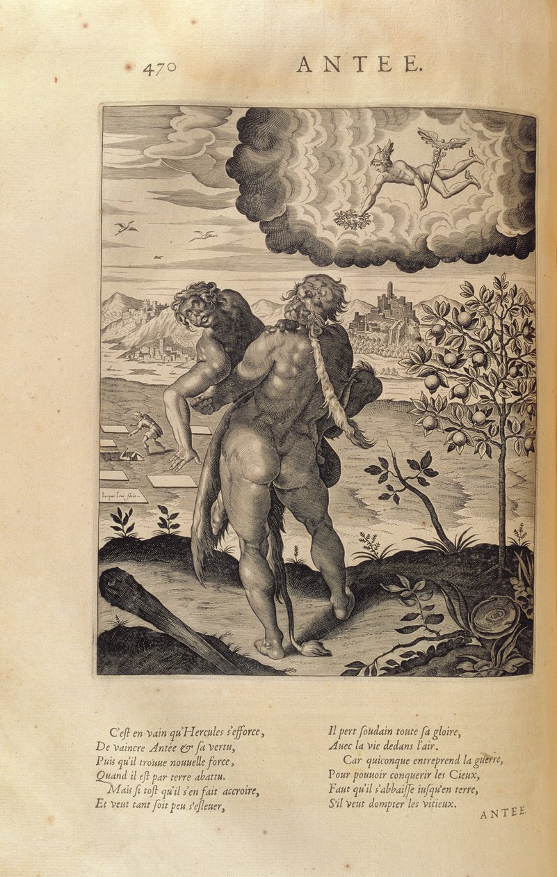 Herkules megöli Antaeust, Blaise de Vigenere (1523-96) "Les Images ou Tableaux de Platte Peinture des Deux Philostrates Sophistes Grecs" című művéből, Párizs, 1615. alkotó: Leonard Gaultier