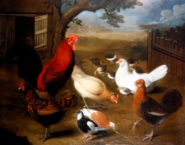 Farmyard jelenet kakassal (olaj, vászon) alkotó: Leonard Hubner