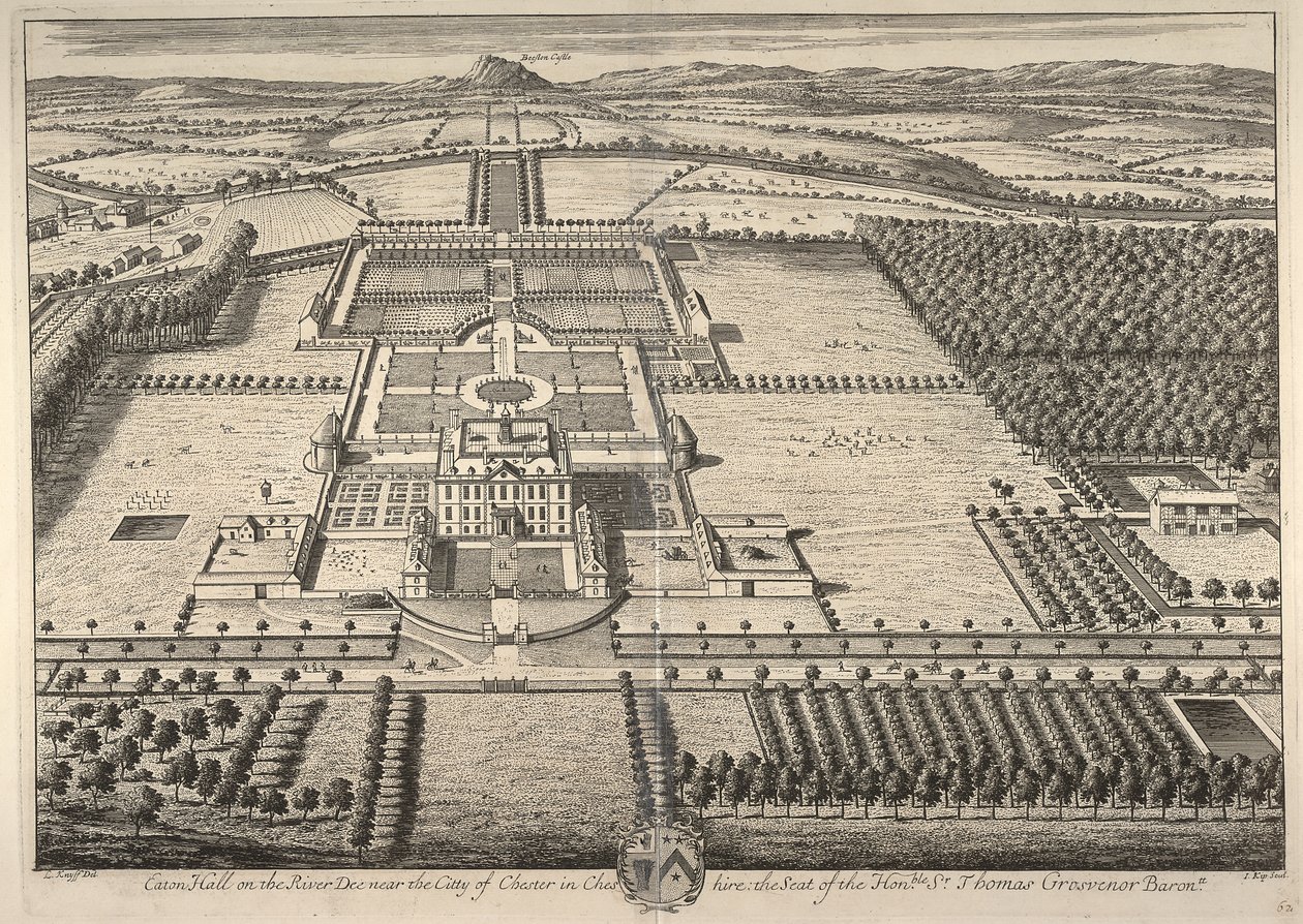Eaton Hall a Dee folyón Chester városa közelében Cheshire-ben, a tisztelt Sir Thomas Grosvenor székhelyén (metszet) alkotó: Leonard Knyff