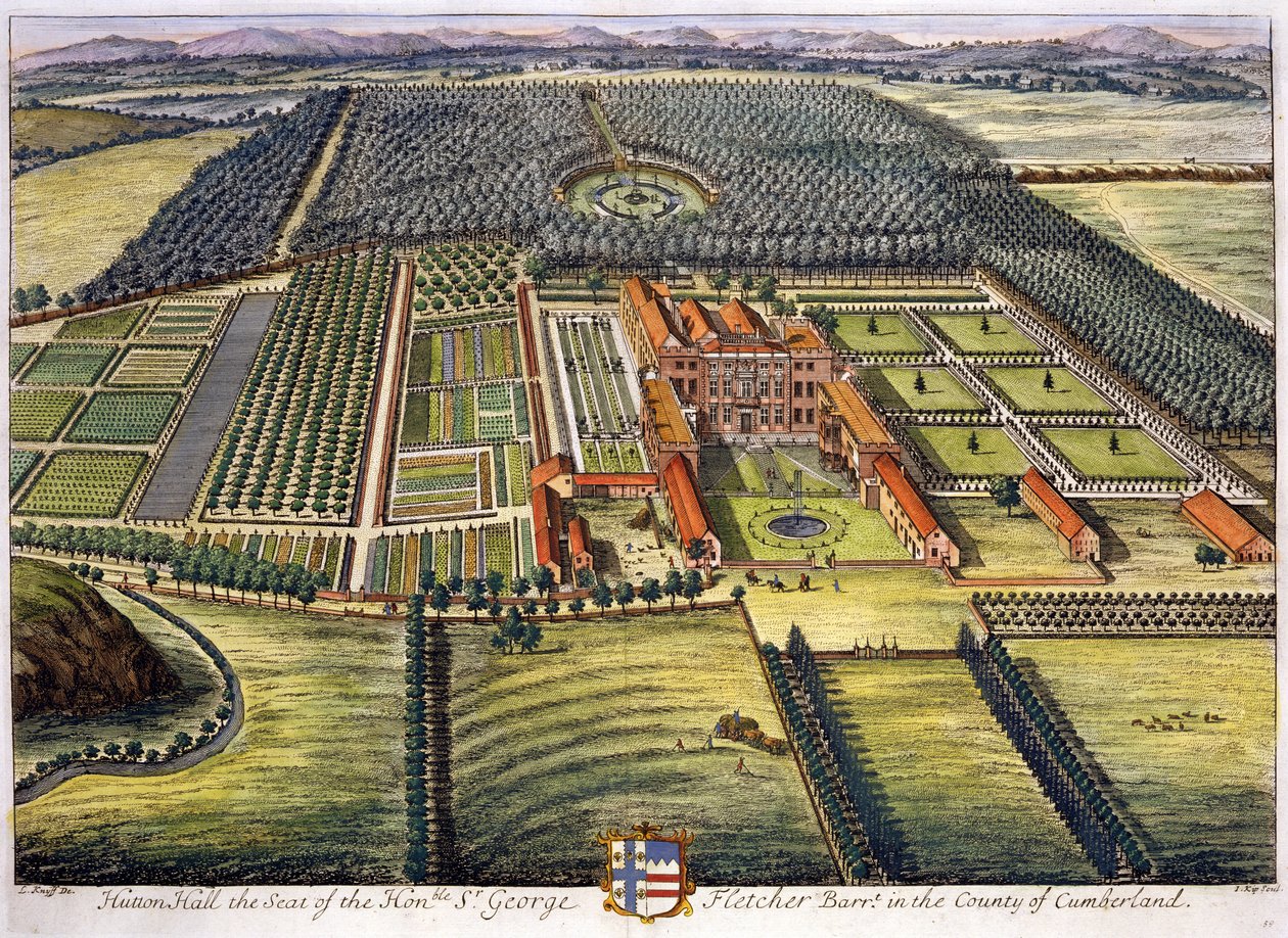 Johannes Kip (kb. 1652-1722) által metszett Hutton Hall Cumberland megyében alkotó: Leonard Knyff