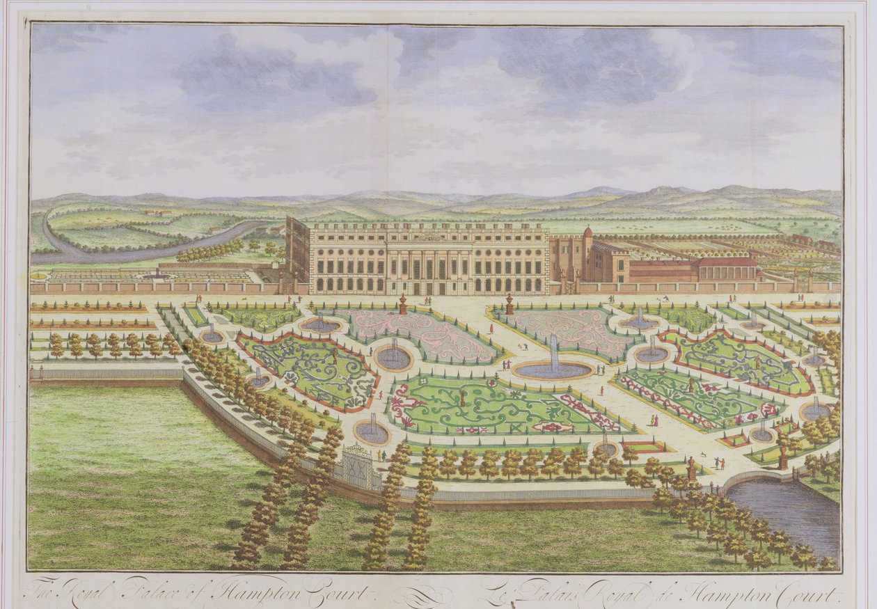 A Hampton Court királyi palota, a „Londoni felmérésből” Johannes Kip (kb. 1652-1722) metszete, 1730 (színes metszet) alkotó: Leonard Knyff