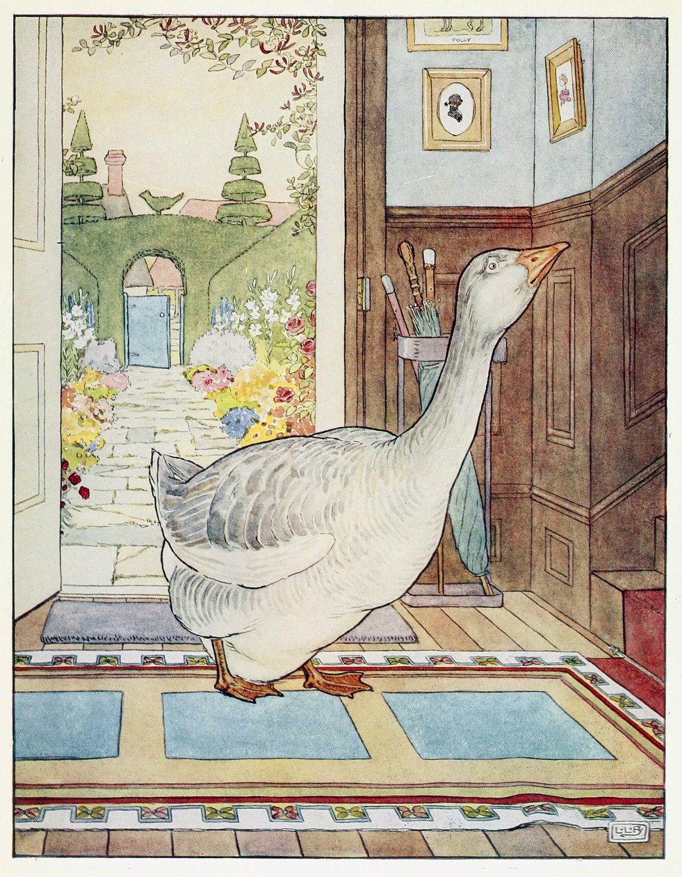Goosey, Goosey Gander, Merre vándoroljak?, Egy mondókás képeskönyvből, kocsma. 1914 (színes litó) alkotó: Leonard Leslie Brooke