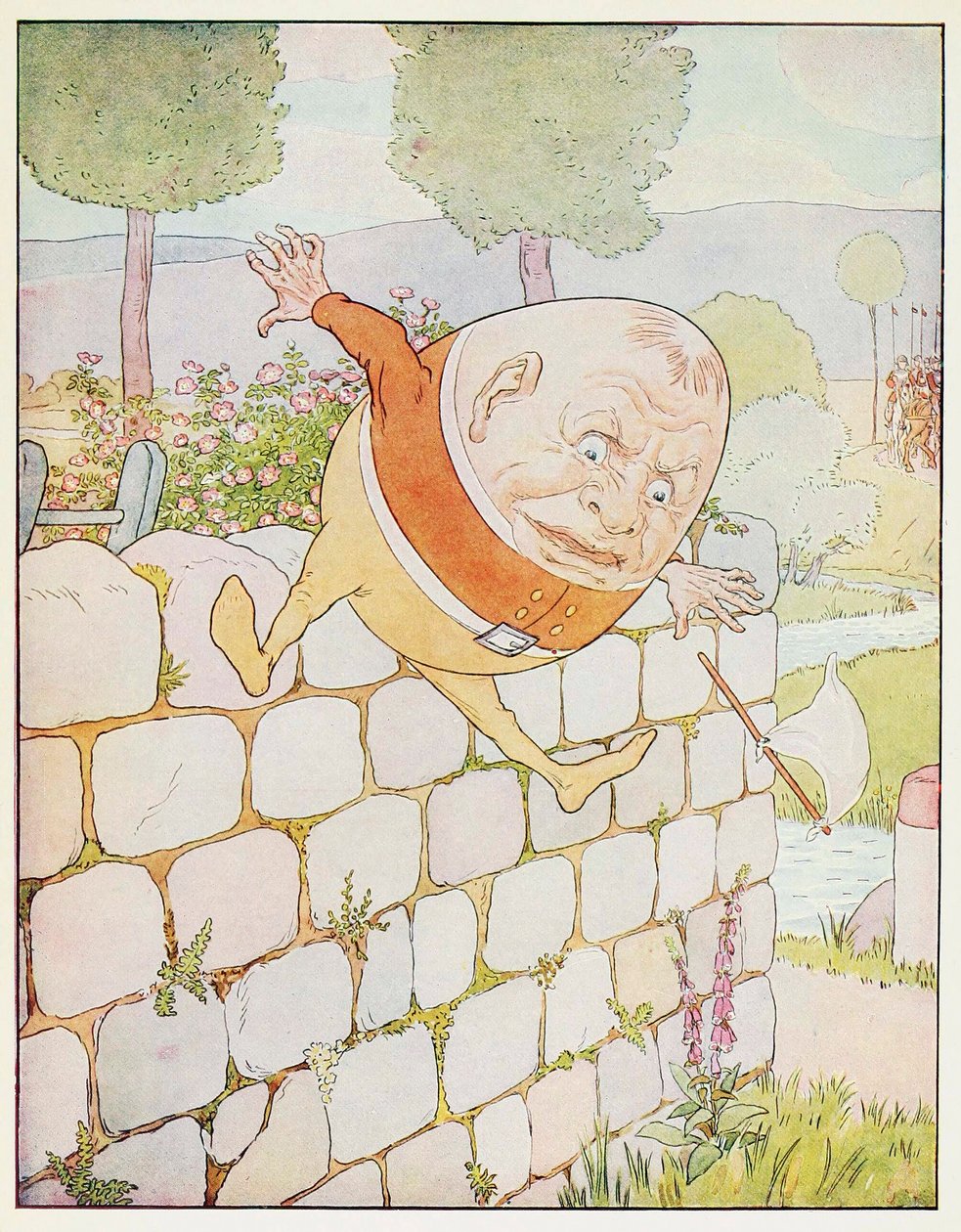 Humpty Dumpty remekül esett, az A Nursery Rhyme Picture Book, kocsmából. 1914. alkotó: Leonard Leslie Brooke