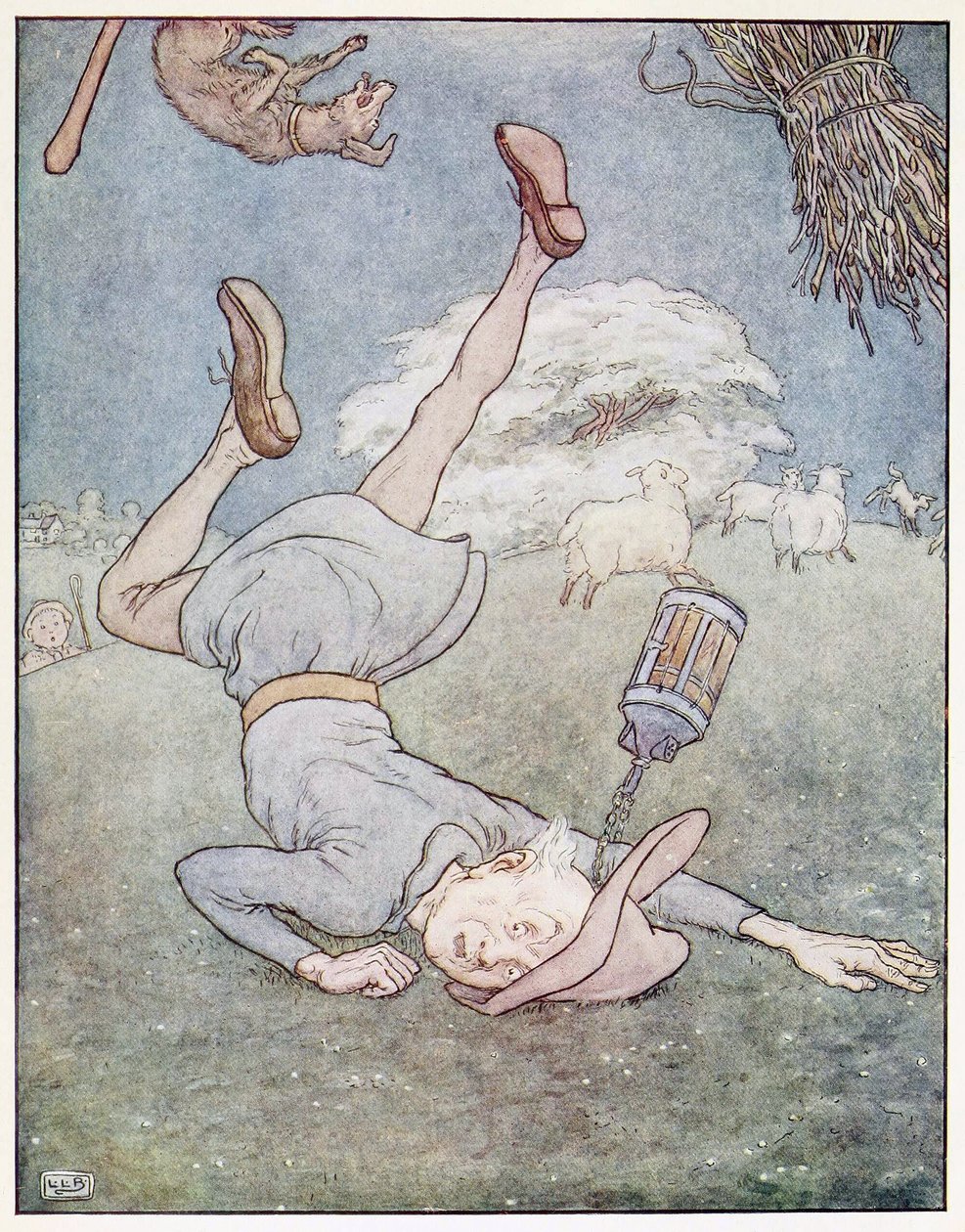 Az ember a holdban bukdácsolva jött le, az A Nursery Rhyme Picture Book-ból, kocsmából. 1914 (színes litó) alkotó: Leonard Leslie Brooke
