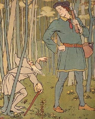 Találkoztunk egy kis öregemberrel. Illusztráció az aranylúdból alkotó: Leonard Leslie Brooke