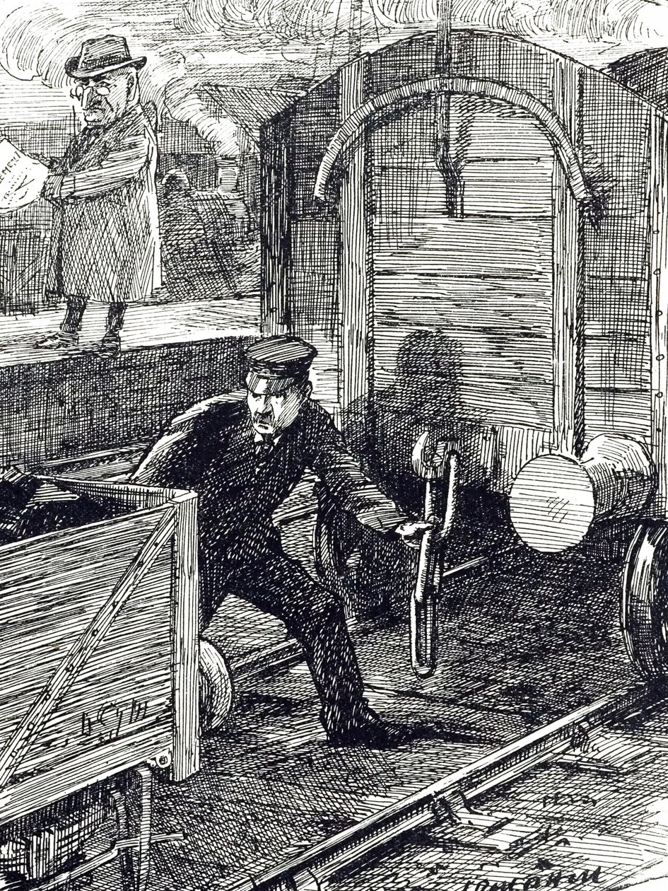 A vasúti dolgozók baleseteit kommentáló karikatúra. Illusztrálta Leonard Raven-Hill (1867-1942) angol művész, illusztrátor és karikaturista, 20. század. alkotó: Leonard Raven Hill