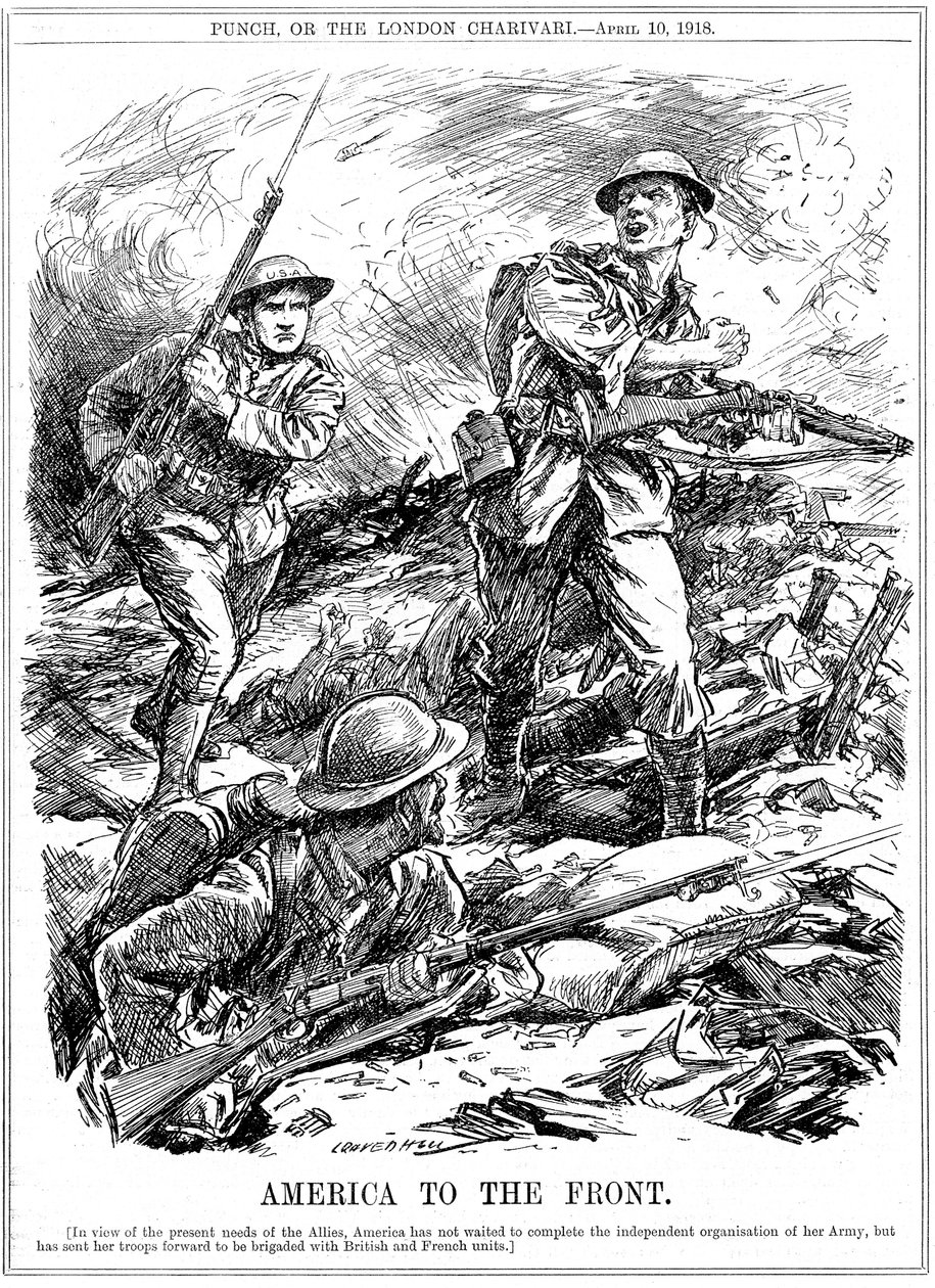 Amerikai erősítés a szövetséges csapatok megsegítésére, mielőtt a fő amerikai hadsereg megérkezett volna, 1918. első világháború alkotó: Leonard Raven Hill