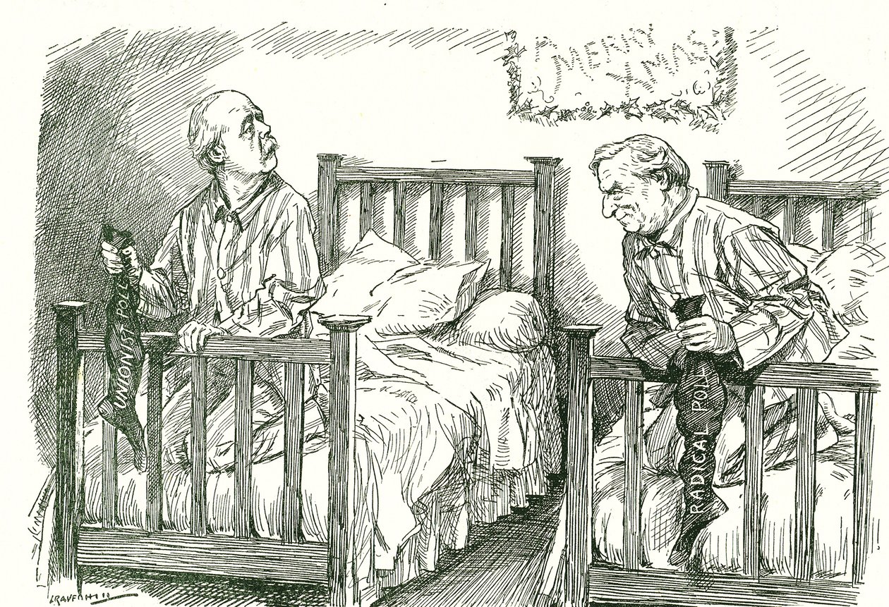 Arthur Balfour, konzervatív és Herbert Asquith, liberális, karácsonyi harisnyájukkal. Az 1910. decemberi általános választásokon egyiküknek sem volt többsége. Asquith az Ír Nemzeti Párttal koalícióban tudott kormányt alakítani. Leonard alkotó: Leonard Raven Hill