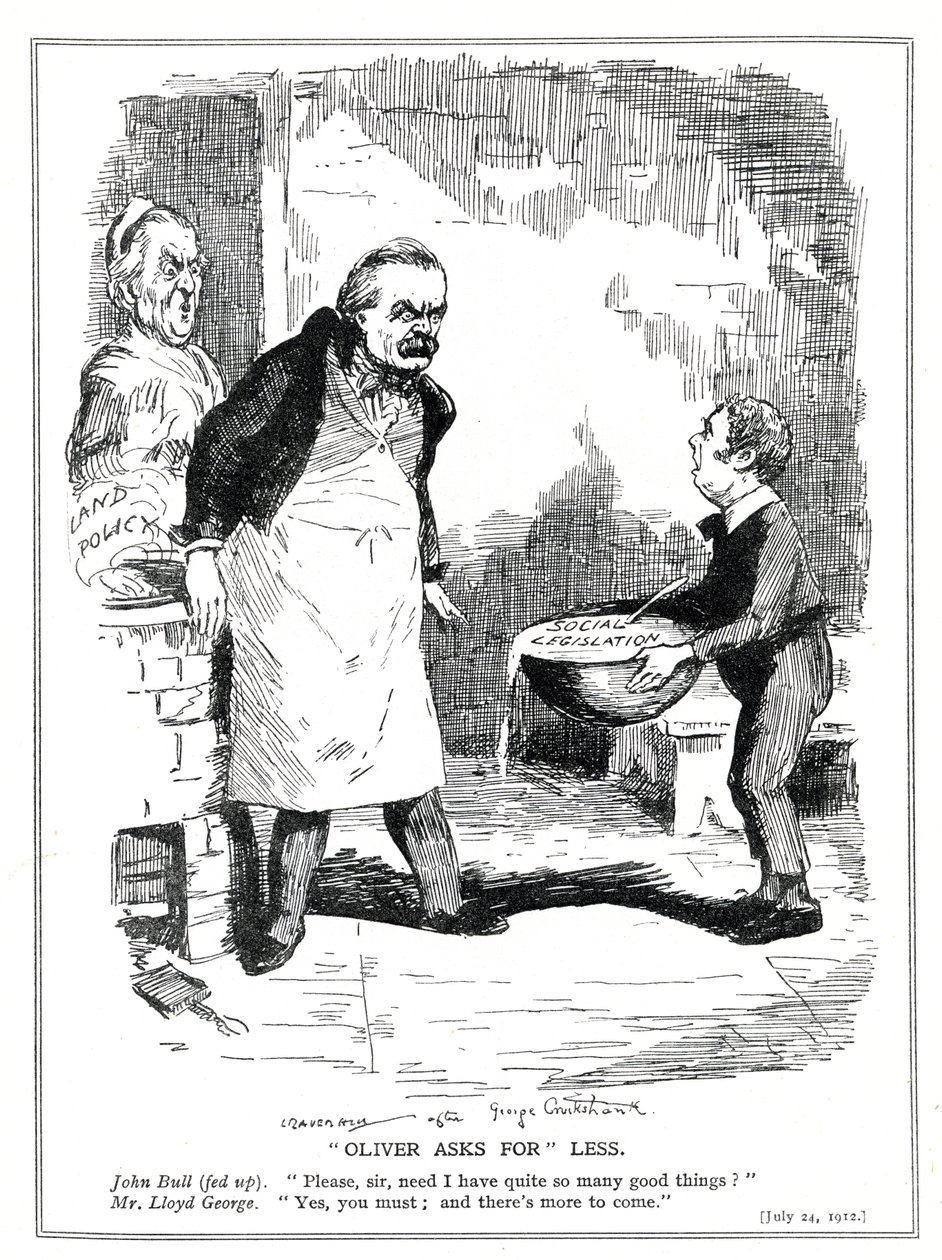 John Bull panaszkodik Lloyd George-nak, hogy túl sok reform van a szociális törvénykezésében és a földpolitikai reformokban, 1912 alkotó: Leonard Raven Hill
