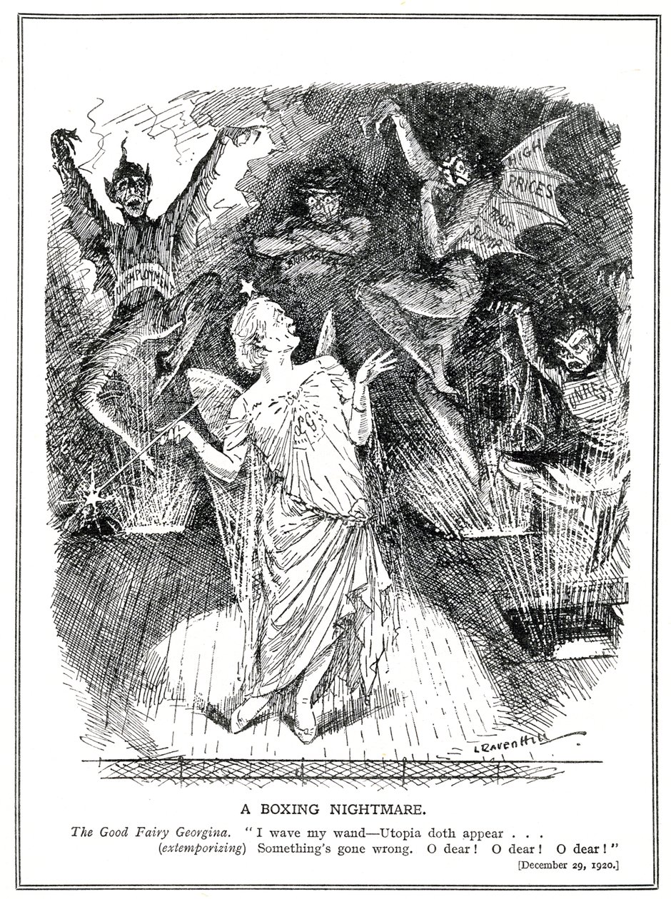 LLoyd George, a koalíciós kormány „jó tündére” abban reménykedik, hogy Nagy-Britanniát utópiává alakítja, de ehelyett a munkanélküliség, a kereskedelmi visszaesés, a magas árak és a nyugtalanság rémálmát és ördögeit idézi elő. alkotó: Leonard Raven-Hill