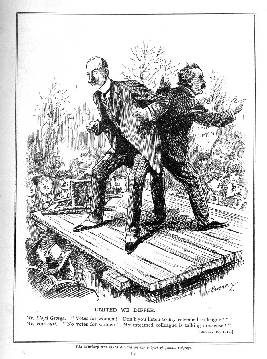 Lloyd George és Harcourt, a liberális kormány miniszterei nem értenek egyet azzal kapcsolatban, hogy szavazatokat adjanak a nőknek, 1910 alkotó: Leonard Raven Hill