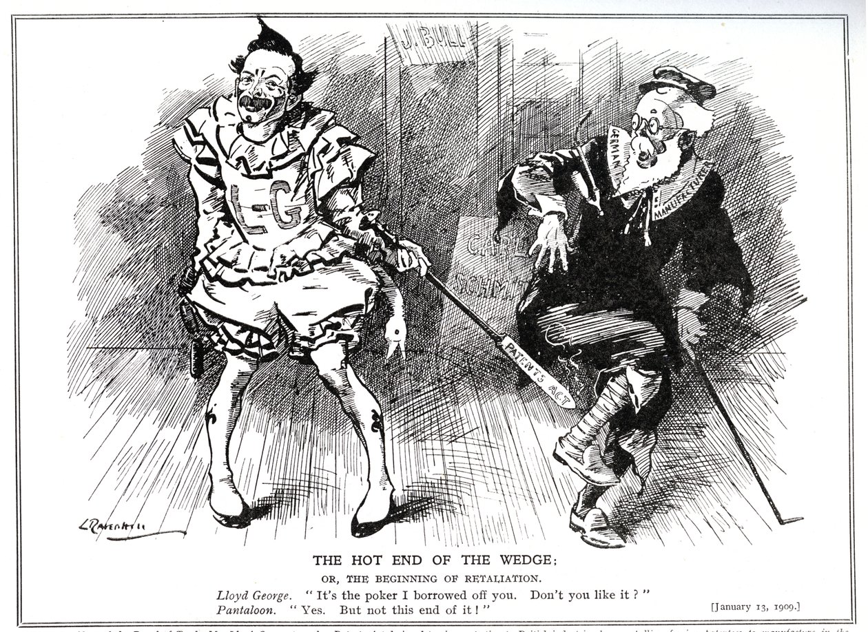 Lloyd George, mint a Kereskedelmi Tanács elnöke, aki az 1907-es, 1909-es szabadalmi és formatervezési törvénnyel védi a brit ipart a német versennyel szemben alkotó: Leonard Raven Hill