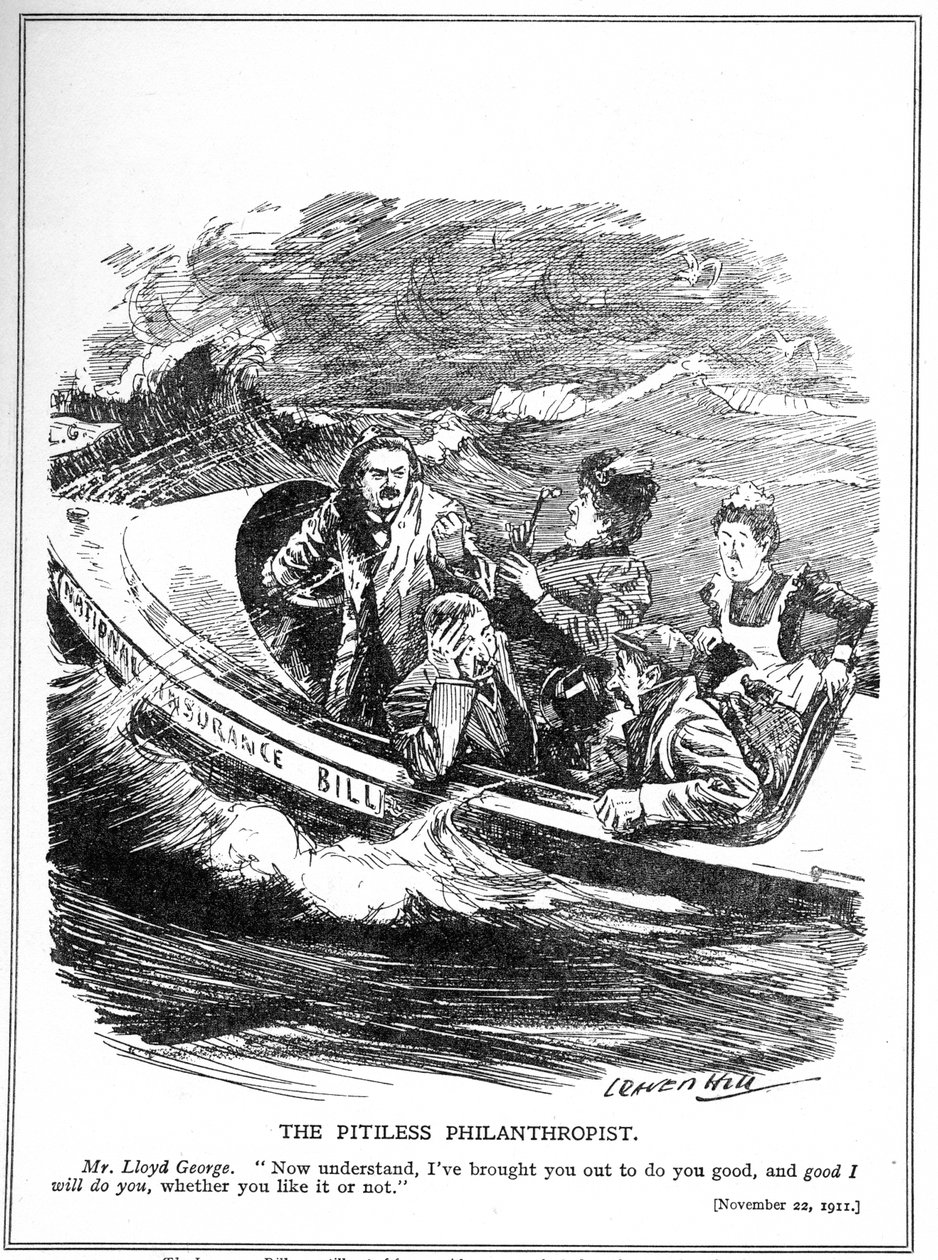 Lloyd George, mentőcsónakos matrózként ábrázolva, szembenéz a nemzeti biztosítási törvény ellenzékével, 1911. alkotó: Leonard Raven Hill