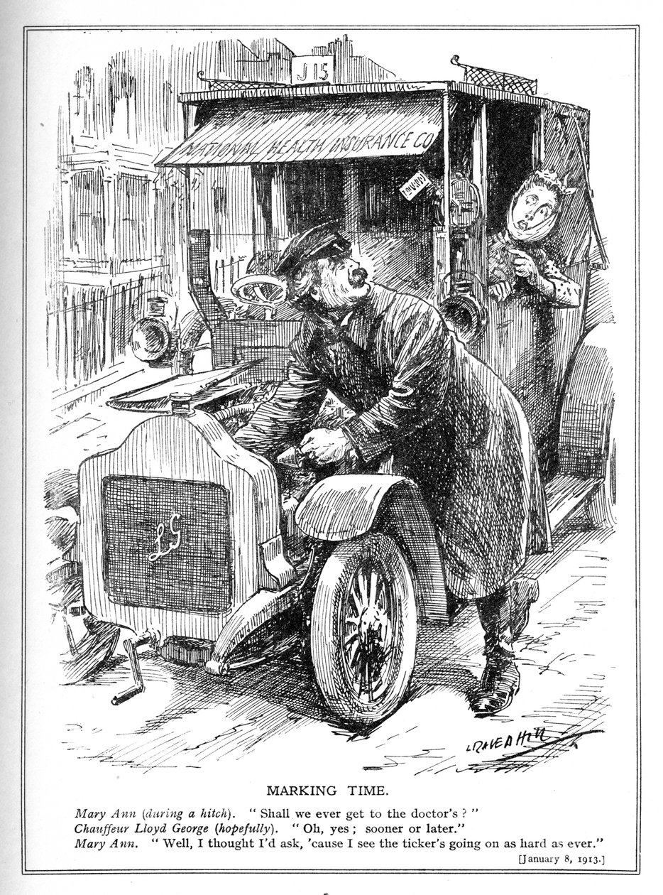 Lloyd George az 1913-as nemzeti egészségbiztosítási törvénye értelmében késik a beteg orvoshoz vétele alkotó: Leonard Raven Hill