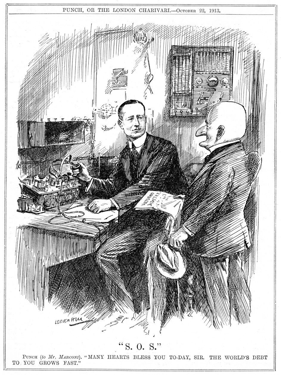 Punch úr köszönetet mondott Marconinak a vezeték nélküli távírásért, amely életeket mentett a tengeren 1913-ban alkotó: Leonard Raven Hill