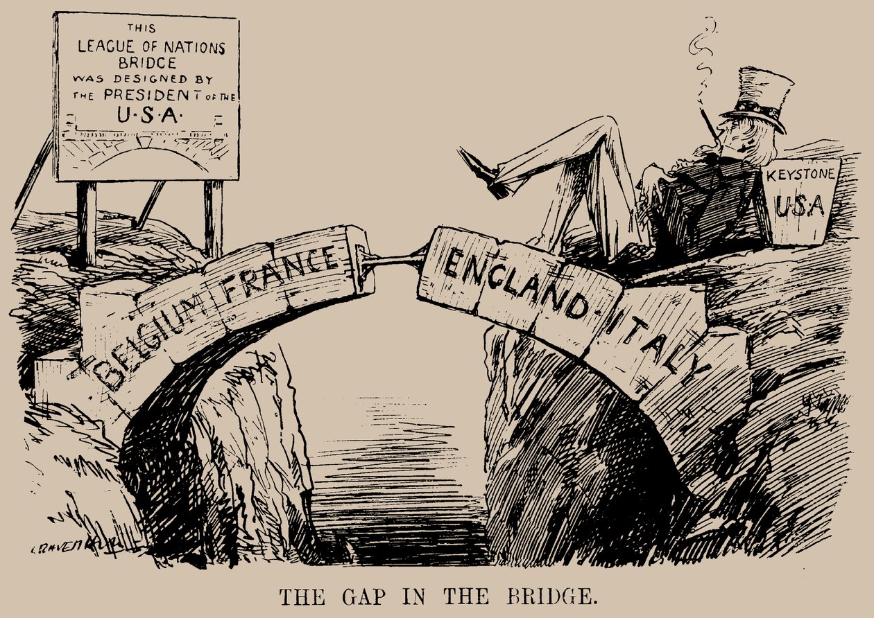 Szakadék a hídban. Karikatúra az USA távollétéről a Népszövetségben, 1919. dec. alkotó: Leonard Raven Hill