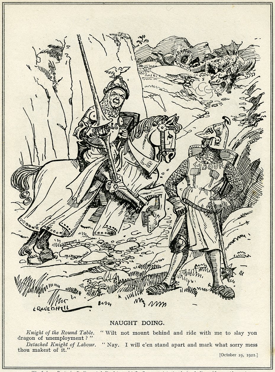 A Munkáspárt nem hajlandó csatlakozni Lloyd George-hoz a munkanélküliség sárkányának leölésében, 1921 alkotó: Leonard Raven Hill