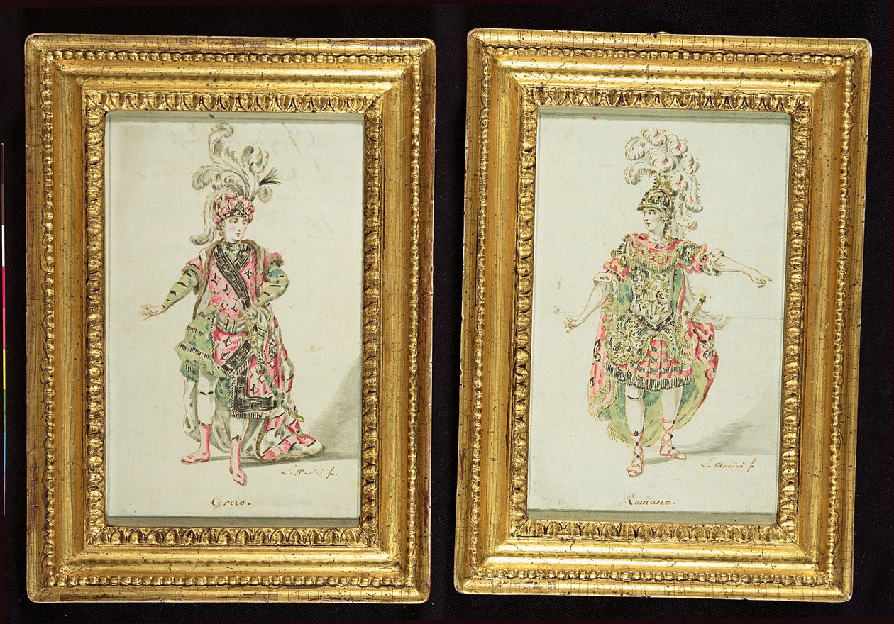 Tervek egy görög és egy római operaruhához, 1770 körül (toll és tinta, wc-vel, papírra) alkotó: Leonardo Marini