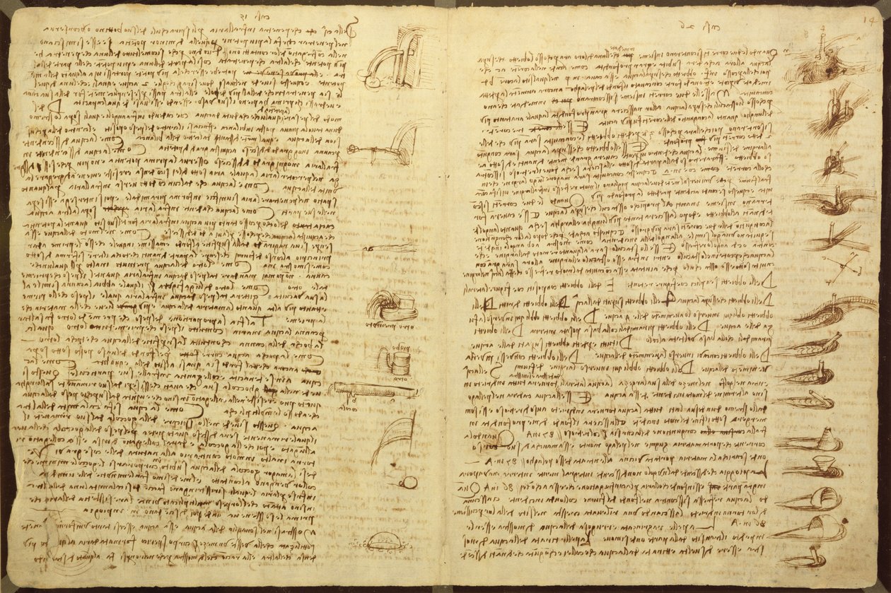 Egy oldal a Codex Leicesterből, 1508-12 (szépia tinta vászonpapíron) alkotó: Leonardo da Vinci