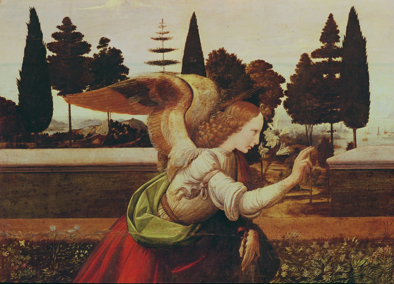 Gábriel angyal, részlet az Angyali üdvözletből, 1472-75 (140570 részlet) alkotó: Leonardo da Vinci