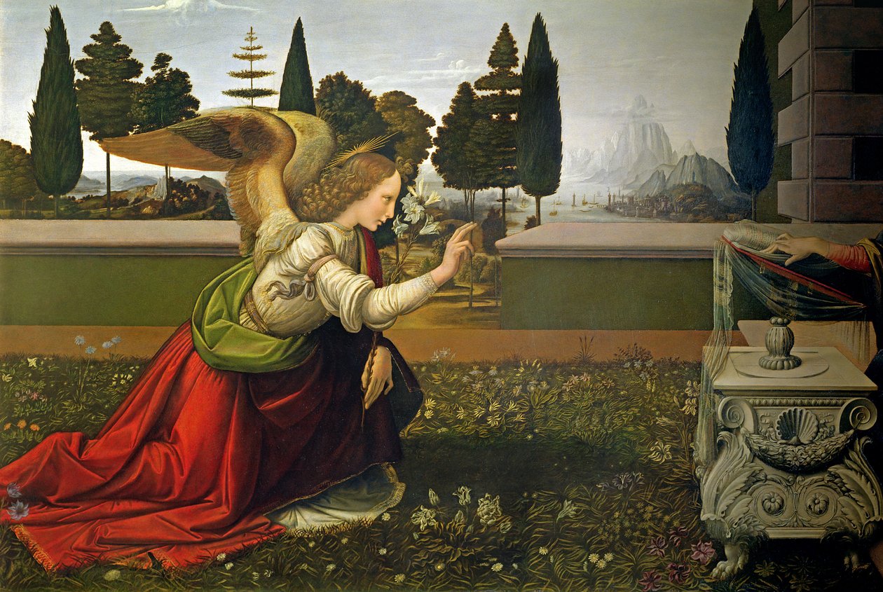 Gábriel angyal, az Angyali üdvözletből, 1472-75 (részlet) (restauráció után) alkotó: Leonardo da Vinci