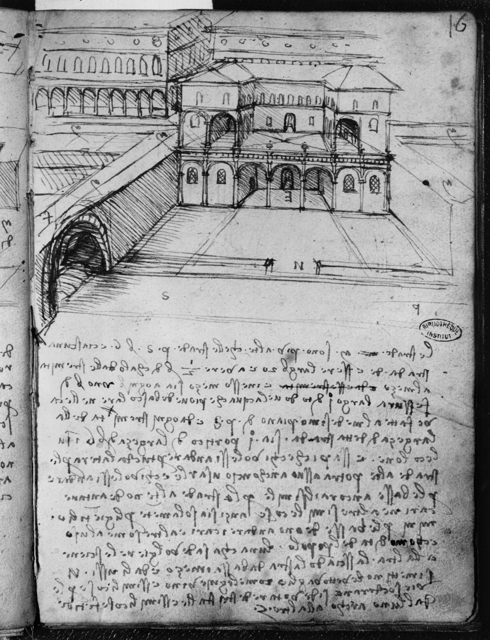Építészeti vázlat egy ideális városhoz, fol. 16 (recto) Párizsból B. kézirat, 1488-90 (toll és tinta papíron) alkotó: Leonardo da Vinci