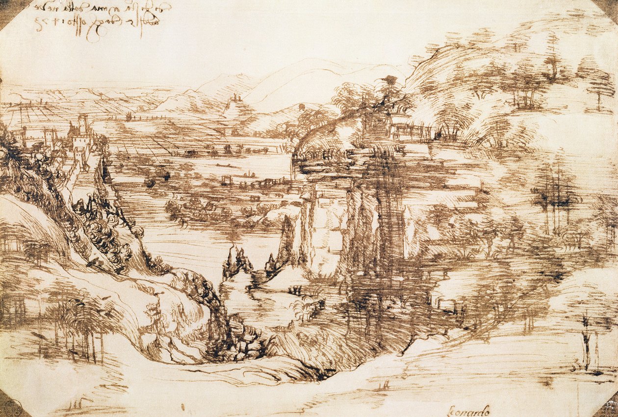 Arno táj, 1473. augusztus 5. (toll és tinta papíron) alkotó: Leonardo da Vinci