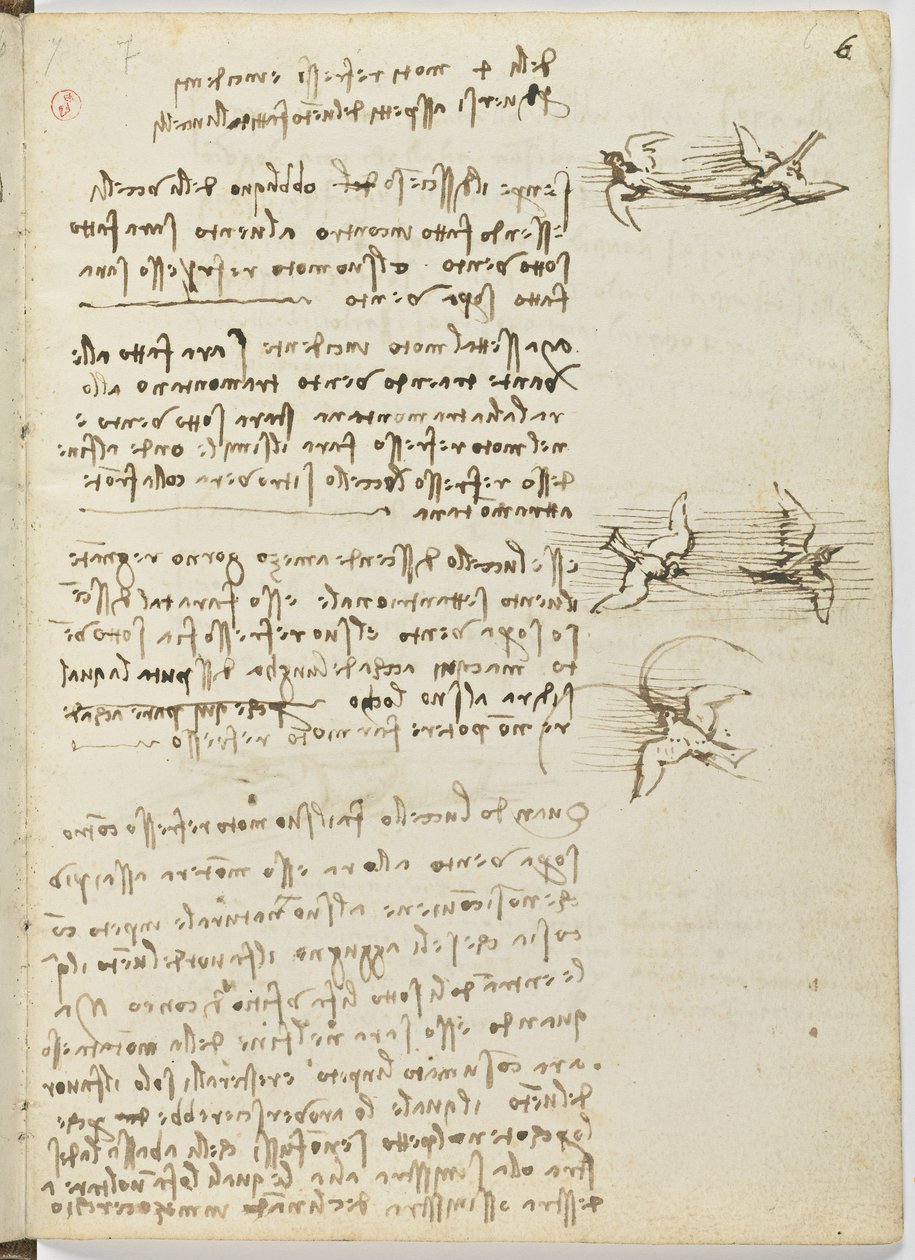 Birds Flight Code, c. 1505-06, papír kézirat, cc. 18, 6. lap recto alkotó: Leonardo da Vinci
