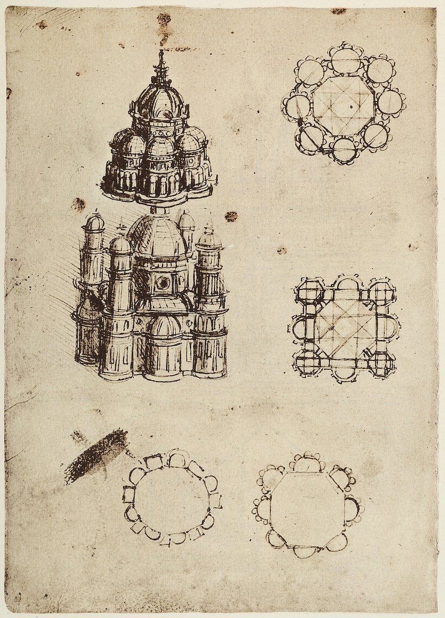 Központilag tervezett épületek, Leonardo da Vinci rajza, a Codex B része (2173), kb. 25v, az Institut de France-ban, Párizsban alkotó: Leonardo da Vinci