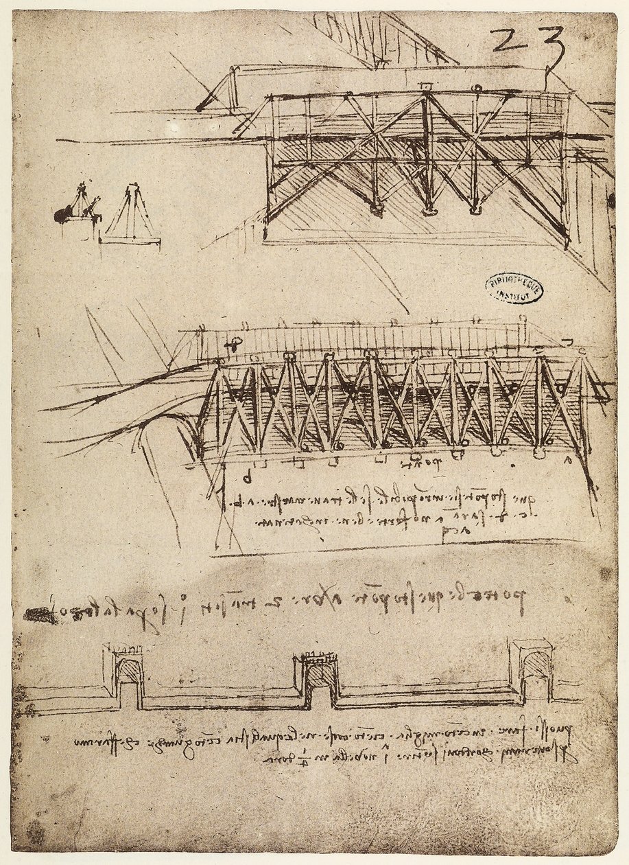 Codex B 2172 f.23r, Designs for Bridges, alkotó: Leonardo da Vinci