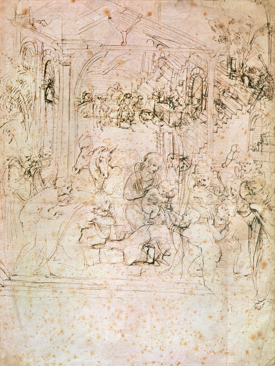 Kompozíciós vázlat A mágusok imádatához, 1481 (toll és tinta papíron) alkotó: Leonardo da Vinci