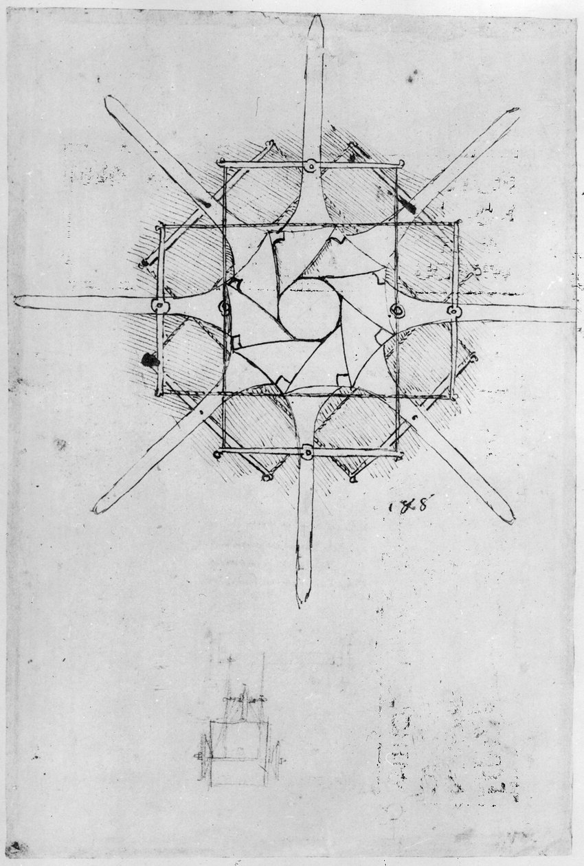 Tervezés összecsukható Capstan fogantyúhoz, Fol. 376v-c (toll és tinta papíron) alkotó: Leonardo da Vinci